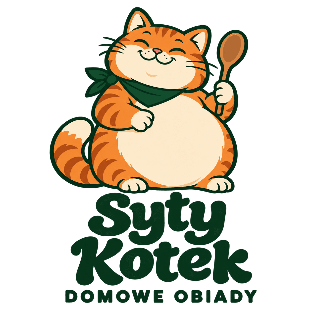 Syty Kotek — uśmiechnięty, pulchny rudy kot z łyżką